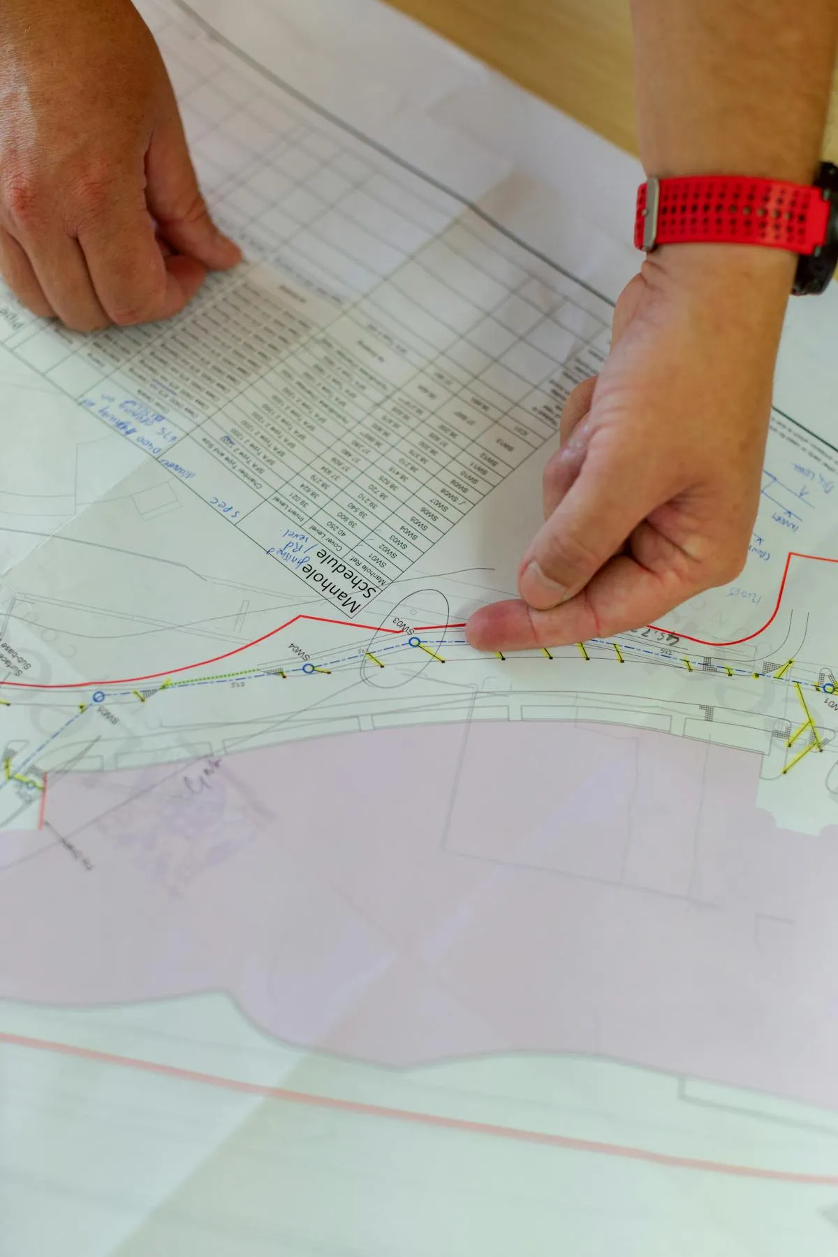 Ingeniero civil revisando planos de obra en sitio de construcción