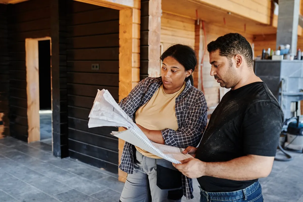Ingenieros revisando planos de construcción y diseño del proyecto